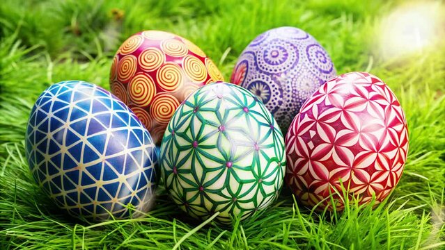 several eggs with different motifs on the grass happy Easter Monday