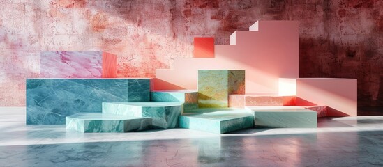 Pastel Geometric Podium: A Modern Marble Arrangement Boasting Dynamic Design and Contrasting Materials - obrazy, fototapety, plakaty
