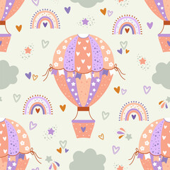 Seamless pattern with spring hot air balloons. Flowers, clouds, comets. Vector illustration.