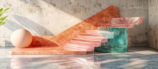 Pastel Marble Staircase with Resin Accents Basking in Soft Sunlight: A Modern Design Statement - obrazy, fototapety, plakaty