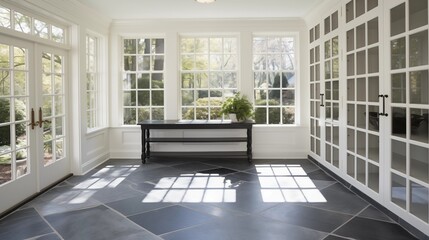 Fototapeta premium Sunroom combining alabaster built-ins and charcoal gray polished floors.