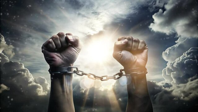Emancipation Day with objects of 2 hands tied in chains and sunlight background