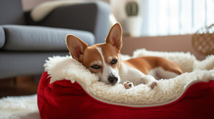small dog sitting in a red fluffy bed