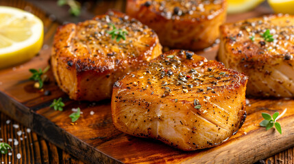 Grilled tuna steaks or slices served on a wooden plank with lemon and spices. 
