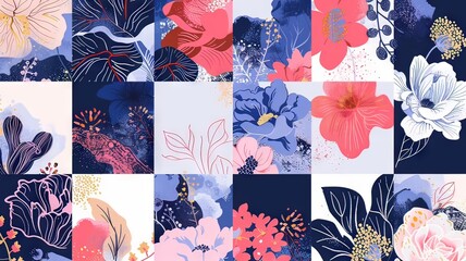 Horizontal AI illustration contemporary floral mosaic in navy and pink. Concept graphic resources.
