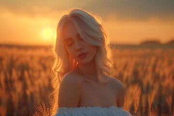 A beautiful blonde woman in a white dress stands in a field of wheat at sunset - obrazy, fototapety, plakaty