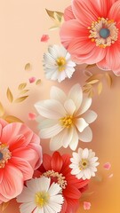 Vertical AI illustration floral arrangement with coral and white blossoms. Concept plants, flowers