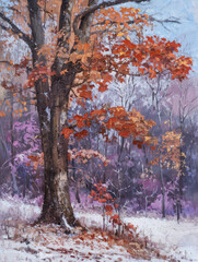 A painting depicting a tree standing tall in a winter landscape covered in snow