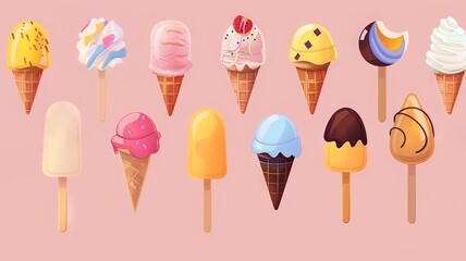 Horizontal AI illustration varied collection of ice creams a warm pastel backdrop. Concept meal.