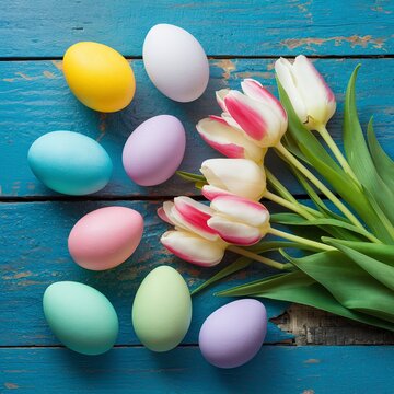 Above top view of multi colored painted easter eggs with springtime tulip bouquet flowers on a old blue wood plank