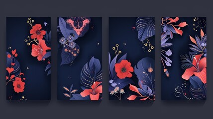 Horizontal AI illustration midnight botanicals in vibrant hues quadriptych. Graphic resources.