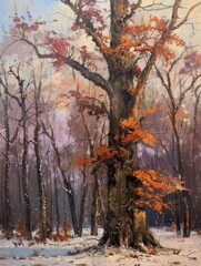 A painting depicting a tree covered in snow, set against a winter landscape