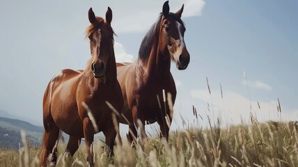 Two brown horses standing in a field of grain - A serene image capturing two elegant brown horses calmly standing amidst tall grains in a field