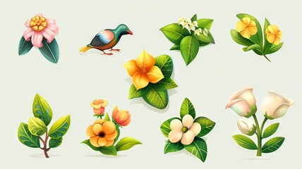 Horizontal AI illustration tropical flora and fauna collection. Concept plants and flowers.