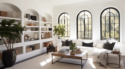 Fototapeta premium Sunroom combining bright white stucco and deep espresso built-ins.