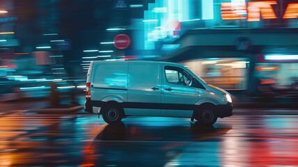 White van driving fast through neon city street - A white van is captured in a moment of speed as it travels through a city illuminated by vibrant neon signs