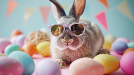 Bunny with pink glasses among party decor - Festive bunny in pink sunglasses lying amidst Easter eggs and party decorations, epitomizing party vibes - obrazy, fototapety, plakaty