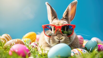 Fototapeta na wymiar Outdoor bunny in red sunglasses with Easter eggs - An adorable bunny in red sunglasses sitting in a grassy field with a variety of painted Easter eggs under clear blue skies