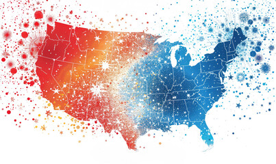 Abstract USA map with festive fireworks display - Patriotic representation of the American map with a starry firework design to celebrate American holidays and events - obrazy, fototapety, plakaty