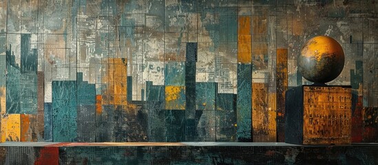 Cityscape Art Object: A Quirky Wooden Wall Mural with Modern Urban Elements and Sleek Metallic Sphere