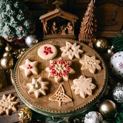 Fototapeta na wymiar Christmas hand baked biscuits background with a lot of seasonal objects on a wooden old table.