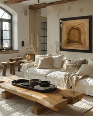 Building interior with comfortable couch, wooden coffee table, and cozy fixtures