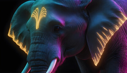 Growling Neon Abstract  multicolored Elephant on a dark bokeh background
