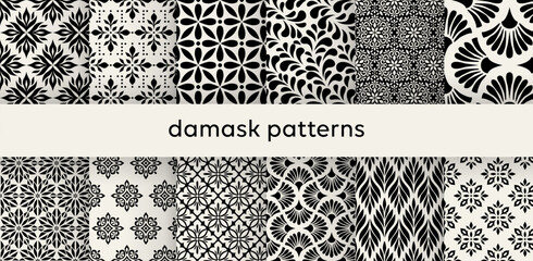 Set of vector elegant damask patterns. Vintage royal patterns with a label. Seamless vector patterns. - 760790056