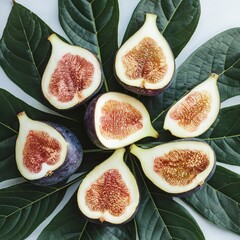 Fresh fruit figs sliced placed with many leaves on a white background. Fruit for health