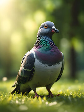 Pigeon on the cut green grass.