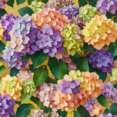 Hydrangea Flowers on Vibrant Yellow Background with Contrasting Textures Gen AI