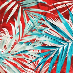 A painting featuring detailed palm leaves against a vibrant red background, showcasing bold colors and intricate leaf patterns