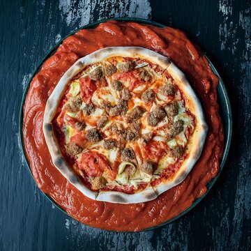 Sea pizza and tomato sauce in bowl. On dark rustic background