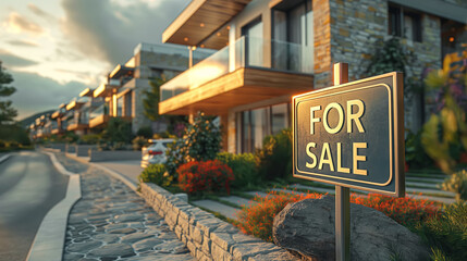 Modern Luxury Home For Sale. FOR SALE sign highlights row of upscale townhouses ready for new ownership