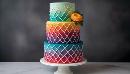 A vibrant ombré cake with bold geometric patterns, representing the dynamic energy of your relationship.