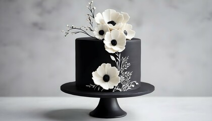 A modern black and white cake with minimalist floral designs, symbolizing the harmony between you and your partner.