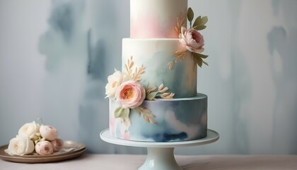 Fototapeta na wymiar A romantic watercolor-inspired cake with soft brushstroke details, reminiscent of a beautiful love story.