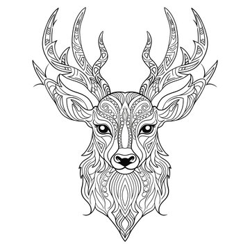 A beautiful black and white tribal deer head silhouette for coloring page for kids. Coloring books for adults.