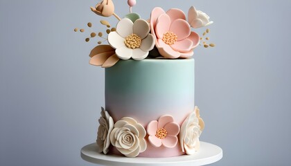 A minimalist two-tiered cake featuring abstract fondant flowers in pastel hues, symbolizing love blooming.