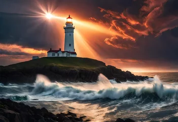 Foto op Aluminium A majestic lighthouse standing tall against a dramatic sunset, its beacon casting a powerful light across the darkening sea, captured in stunning high-definition clarity. © Ghulam