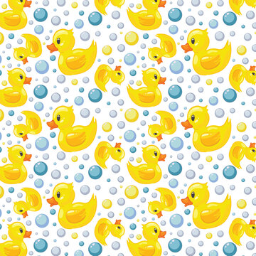 Modern abstract pattern with yellow rubber duck bubbles pattern. Cartoon flat vector illustration.  Seamless pattern.