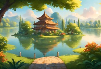 A tranquil park scene with a charming little island nestled amidst a serene lake, surrounded by lush greenery, bathed in the golden light of dawn, captured in stunning high