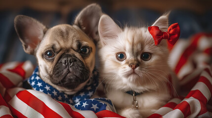 Patriotic cute puppy and kitten wear festive clothes in american flag colors. Independence Day or flag day