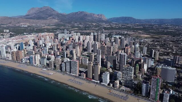 Levante Beach skyscrapers in Benidorm aerial view in the province of Alicante