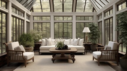 Fototapeta premium Sunroom combining milky white plaster and espresso stained wood accents.