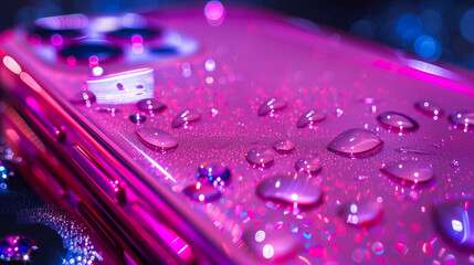 Macro photography of smartphone’s back side. Product shot of pinkish mobile phone which is lies on violet surface covered with water drops and blurred background behind