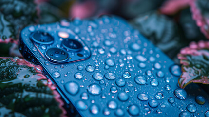 Macro photography of smartphone’ back side. Product shot of mobile phone which is covered with water drops and blurred background behind