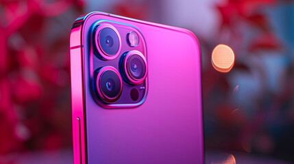 Macro photography of smartphone’s block of cameras. Product shot of the edge of pinkish mobile phone opposite the blurred background behind