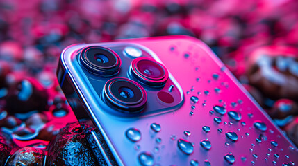 Macro photography of smartphone’s block of cameras. Product shot of pinkish mobile phone which is covered with water drops and liquid blurred background behind