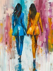 Two women are strolling down a city street in a painting, showcasing a casual urban scene